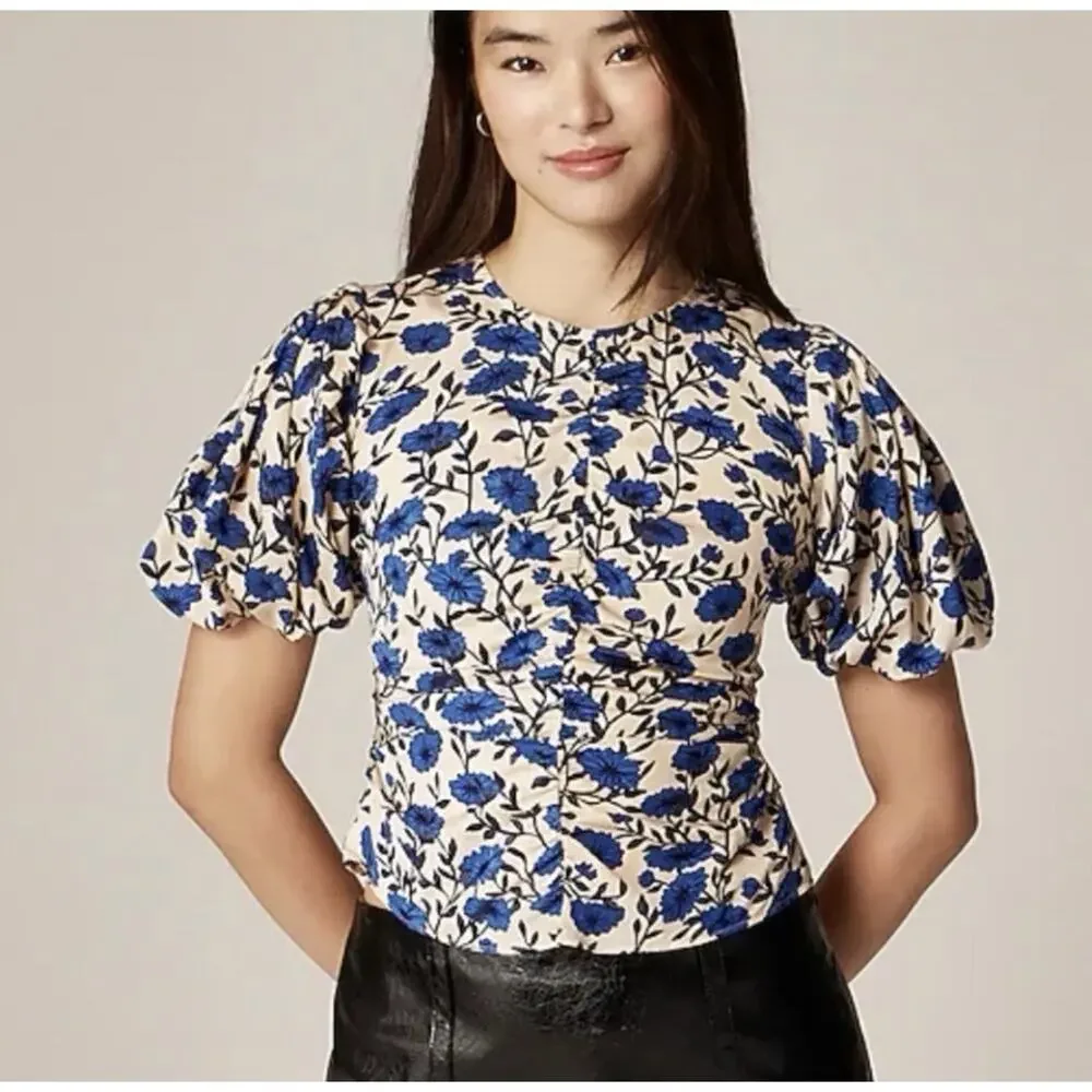 New J.Crew Size 8 Veranda shirt Ruched Smocked Blue Floral Puff Sleeves Satin i6